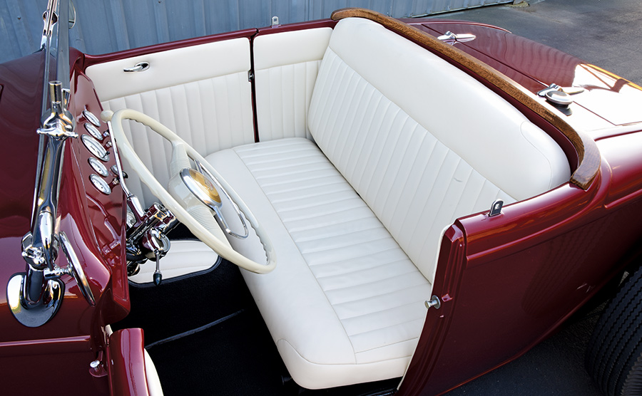 view of white leather seats on '32 Ford