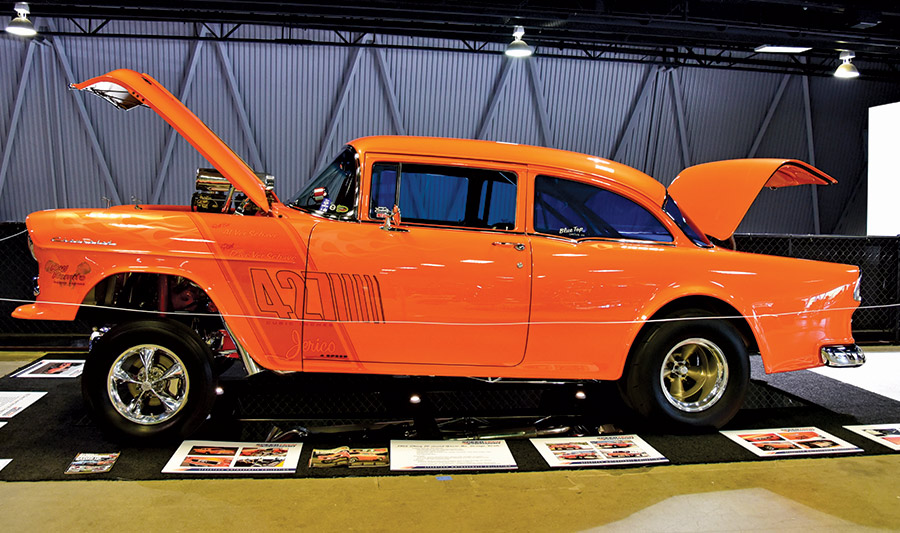 Kevin Moore’s orange ’55 Chevy 210 gasser