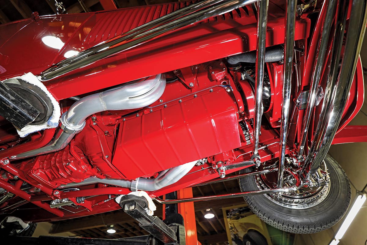 Underbody view of the 1932 Ford Roadster showcasing the meticulously painted and chromed chassis components