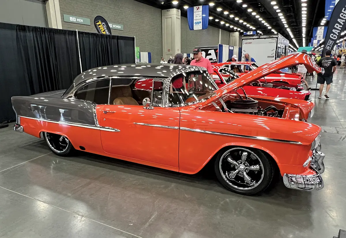 A beautifully restored two-tone 1955 Chevrolet Bel Air on display at the 2024 Street Rod Nationals