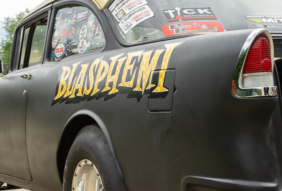 Rear View of 1955 Bel Air Gasser, showcasing custom racing name
