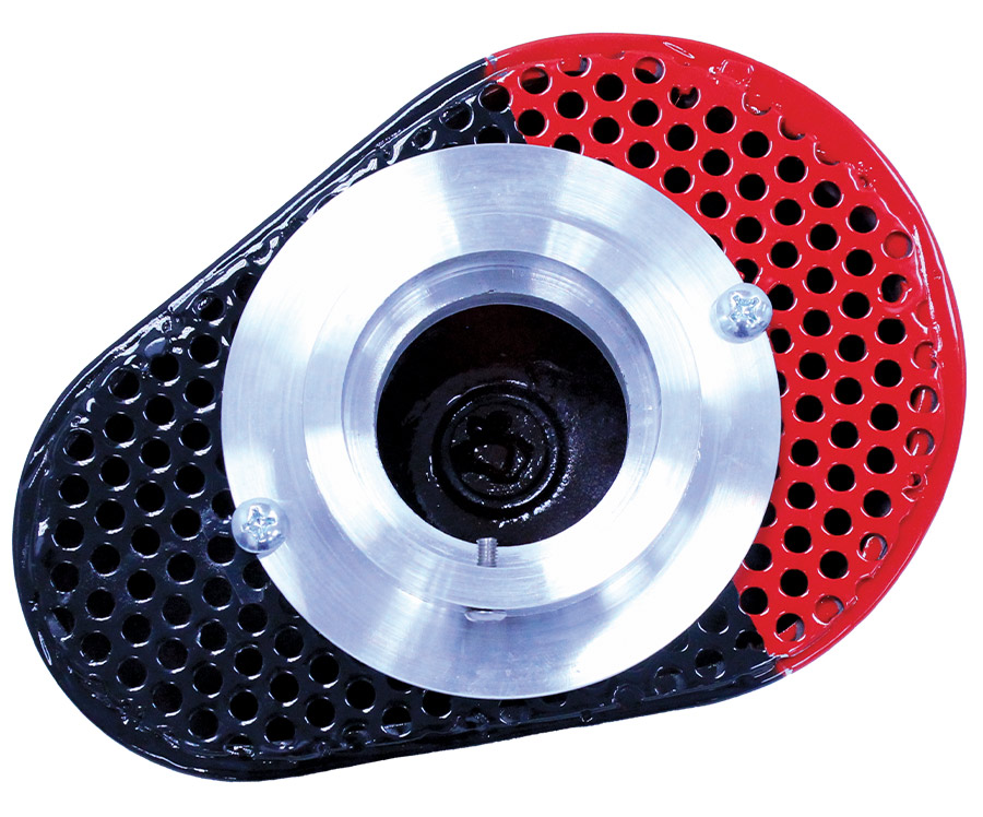 Completed air filter housing with a custom red and black finish and polished center, ready for installation
