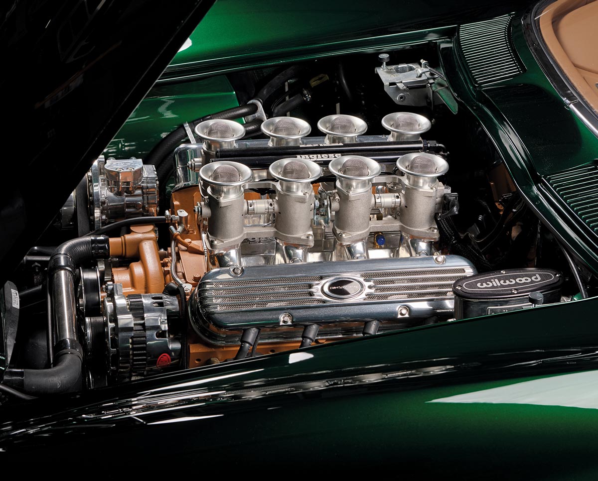 Side view of the 1966 Corvette Stingray's engine, showcasing the detailed work and Wilwood brake components