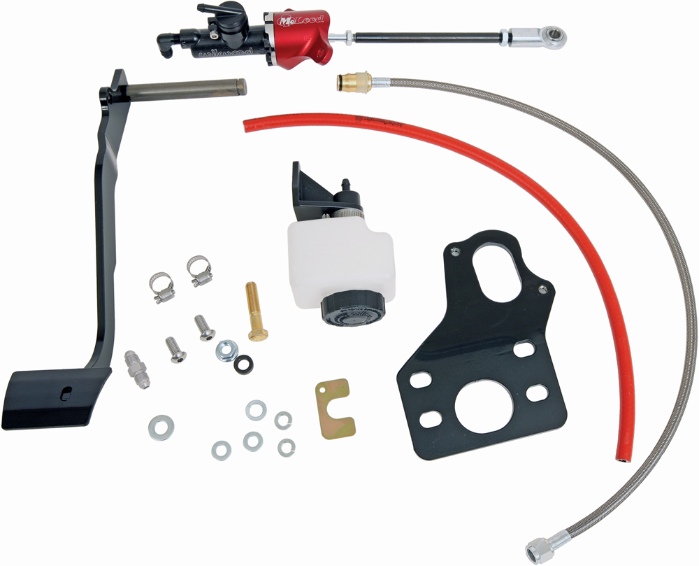 Automotive clutch assembly components including a master cylinder, pedal, reservoir, hoses, and various fittings.