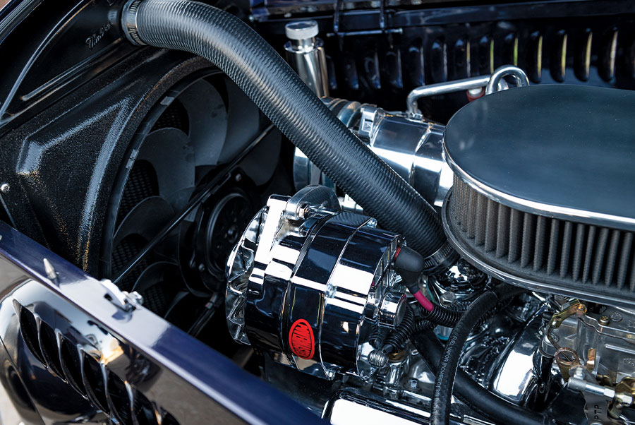 closeup of engine on a 1932 Ford Three-Window Highboy Coupe