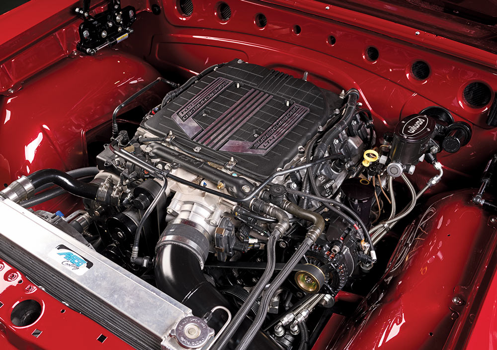 full view of the engine of a 1966 Pontiac GTO