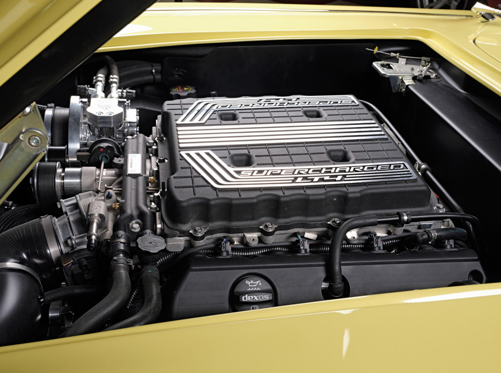 Supercharged LT4 engine 1961 Corvette yellow custom modern performance upgrade