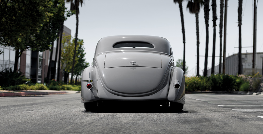 1936 Ford custom rear profile smooth trunk integrated taillights streamlined fender design gray finish
