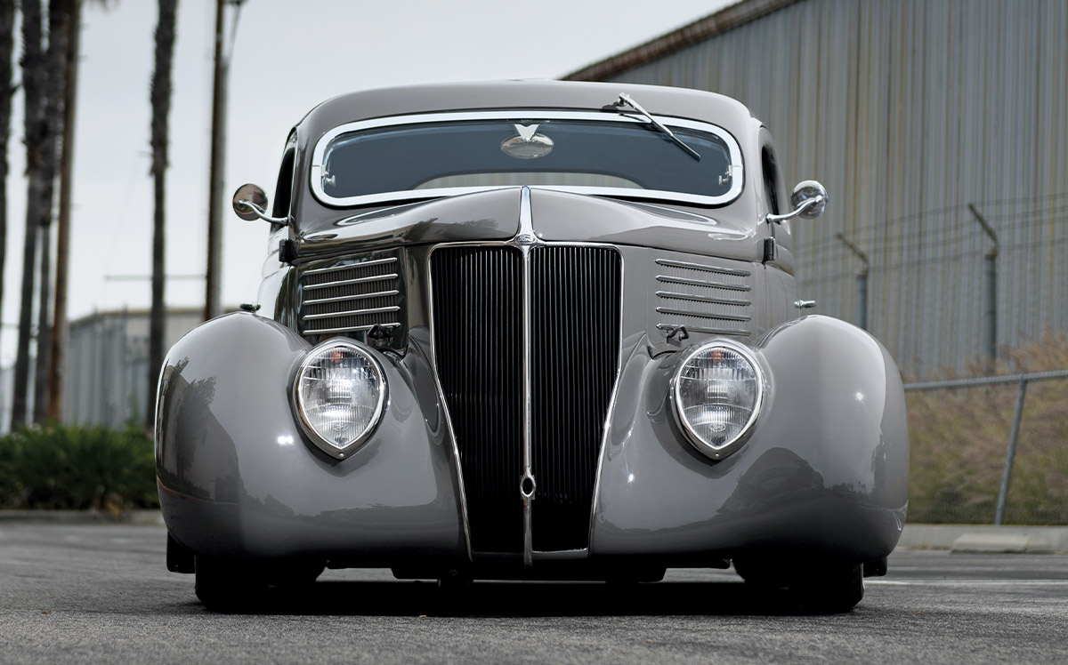 1936 Ford Coupe front view bold vertical grille streamlined fenders minimalist custom details