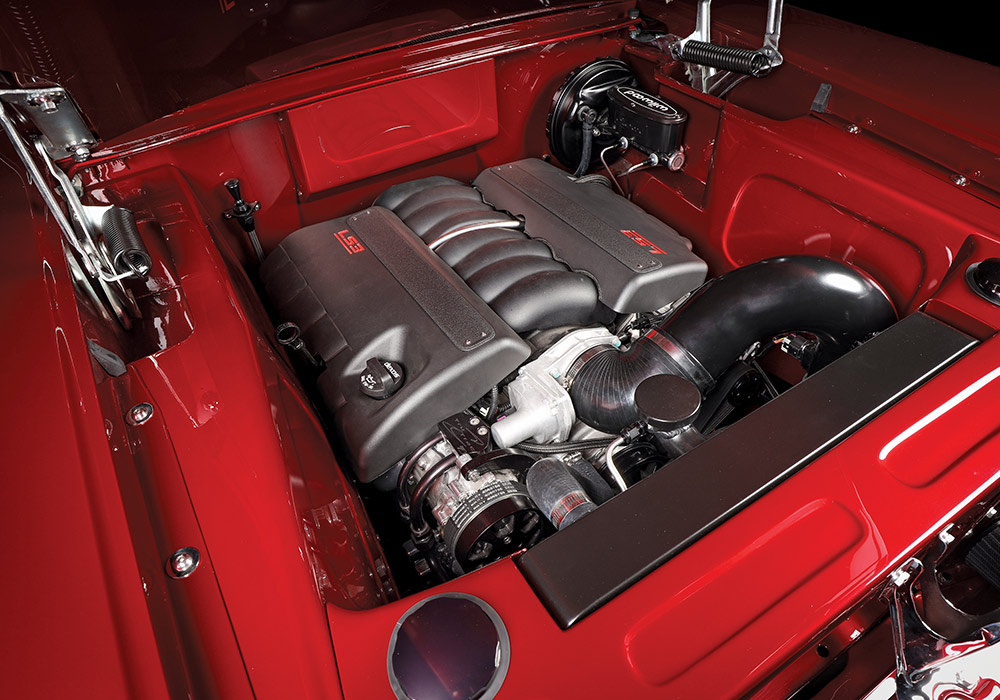 1957 Buick engine bay LS3 modern upgrade polished red finish
