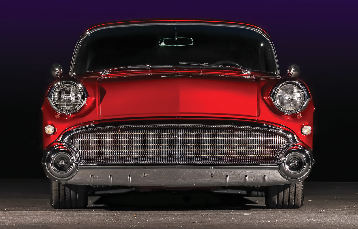 1957 Buick front grille round headlights chrome hood design