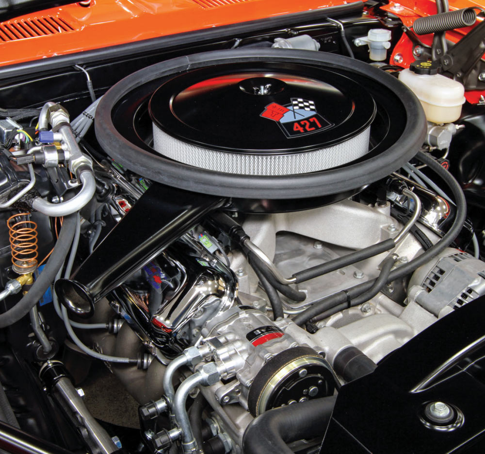 detailed engine bay of a 1969 Camaro showcasing the legendary 427 cubic-inch V8 with Holley EFI components