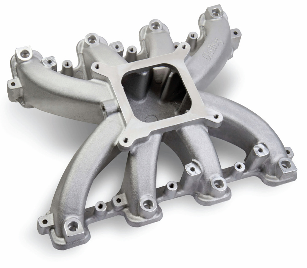 Holley EFI dual-plane intake manifold designed for LS engines, optimized for balanced airflow and fuel distribution