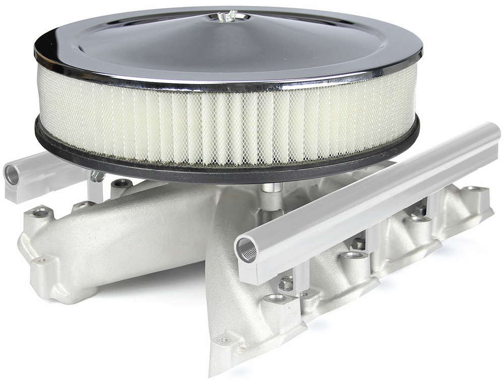 carbureted-style EFI manifold with integrated air filter and fuel rails for retro looks with modern functionality