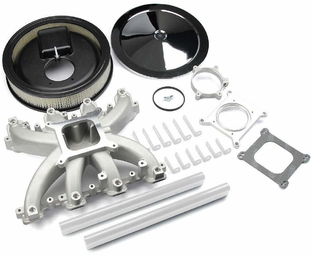 complete Holley EFI intake manifold kit includes air filter, hardware, and fuel rails for LS engine customization