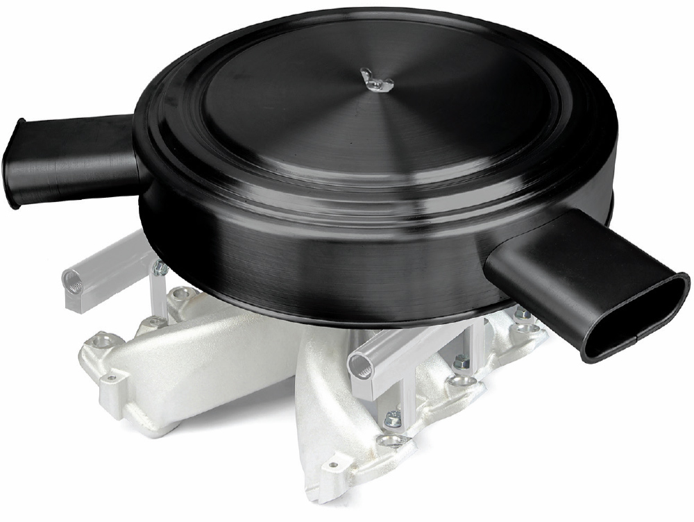black dual-snorkel air cleaner mounted on an LS manifold for improved airflow and vintage styling