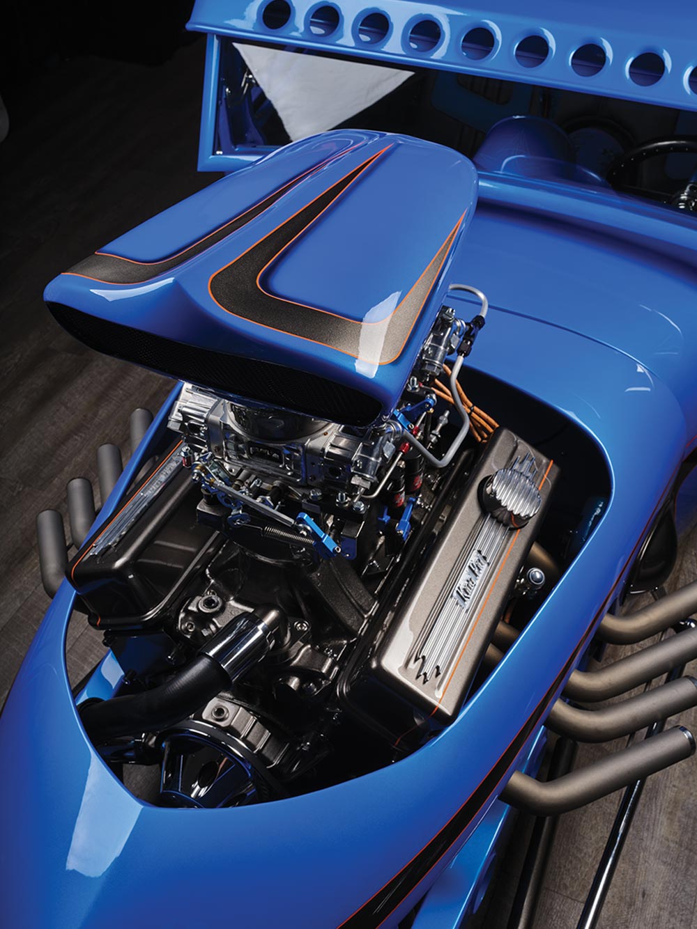 1928 Ford Sedan engine bay with dual carburetors, Nitrous Outlet system, and custom V8 valve covers