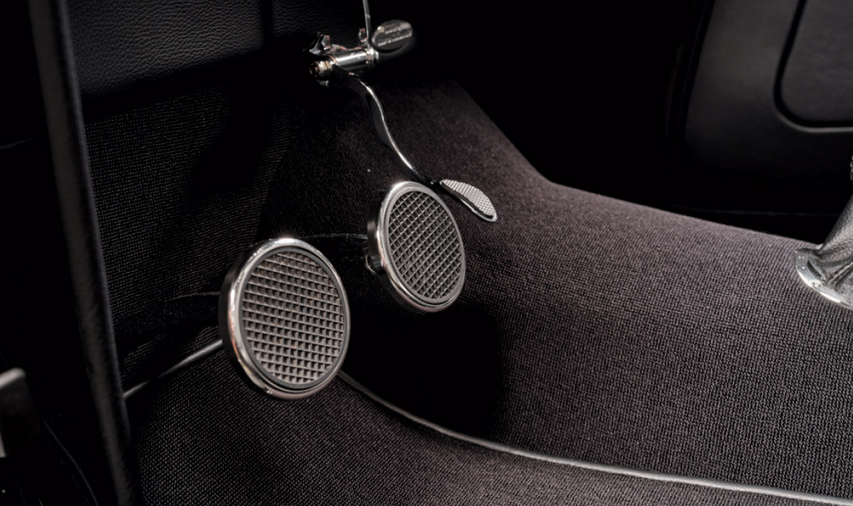 1933 Ford Five-Window Coupe footwell with custom billet pedals and a clean, uncluttered design