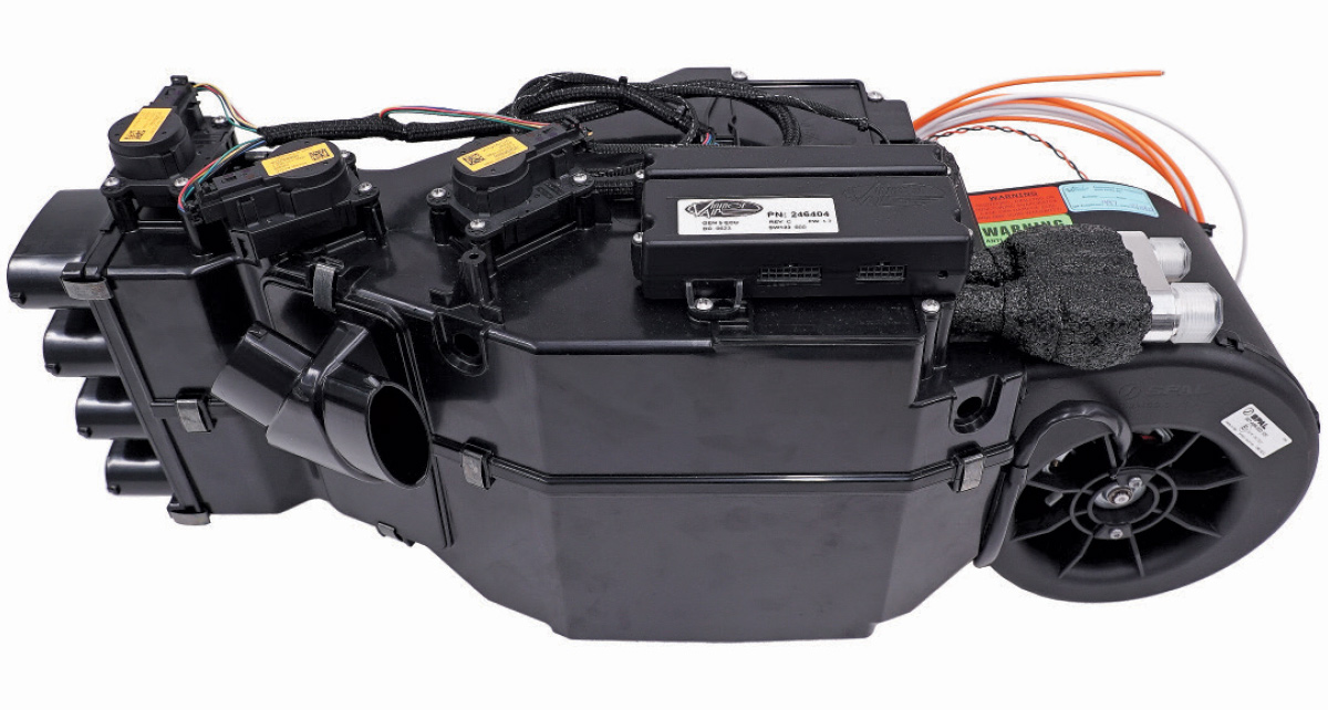 Vintage Air Gen IV evaporator unit in black plastic housing with electronic controls and pre-wired connections for installation