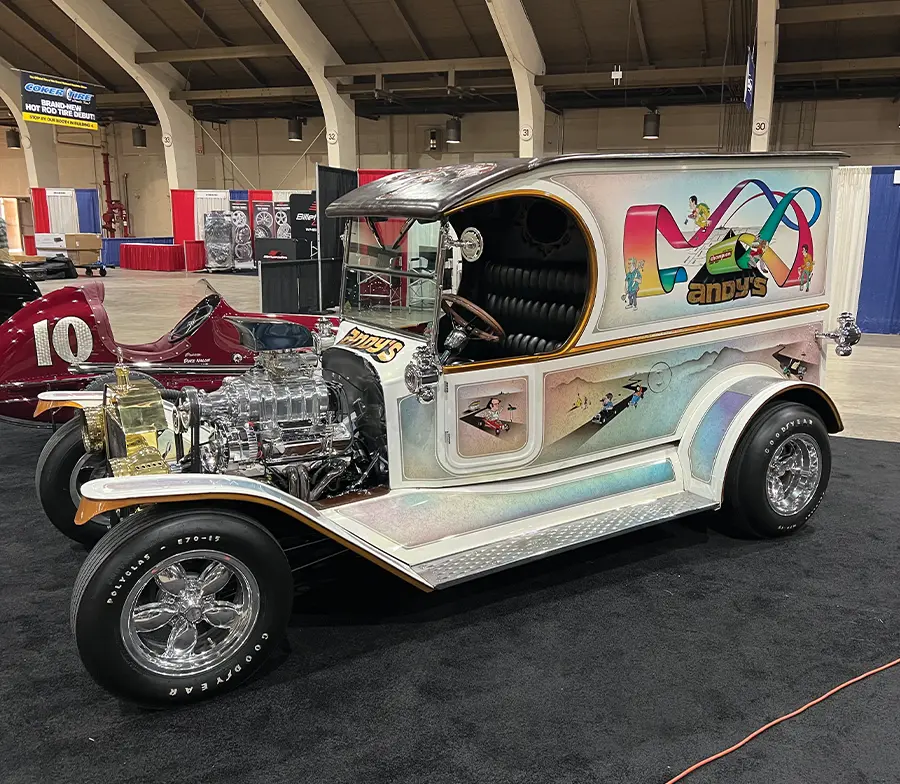Wildly customized 1920s Ford Model T panel van with a blown engine, custom graphics, and a show-stopping stance