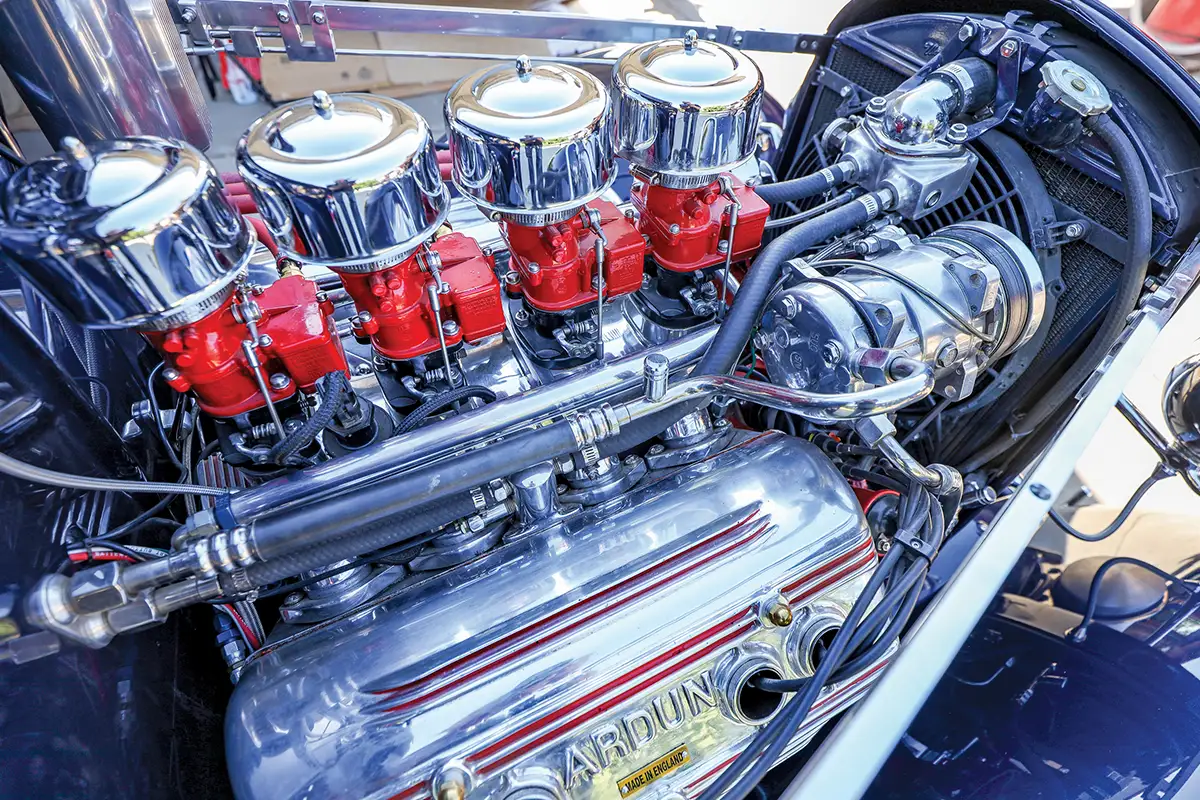 1932 Ford Tudor close-up of the polished Ardun valve covers and fuel system