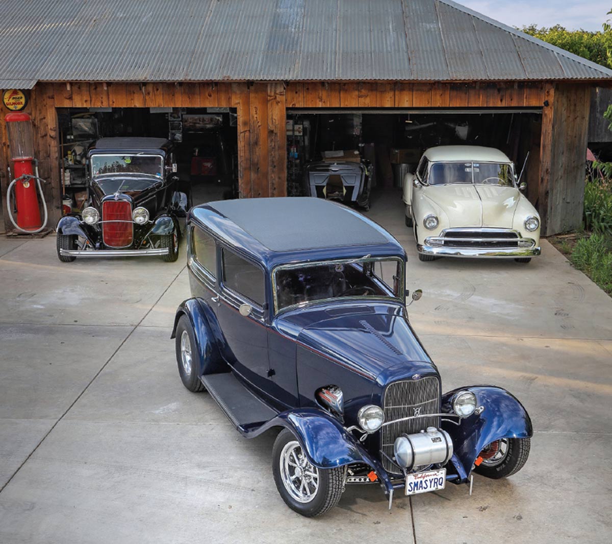 1932 Ford Tudor aerial perspective showcasing the Ford alongside classic cars