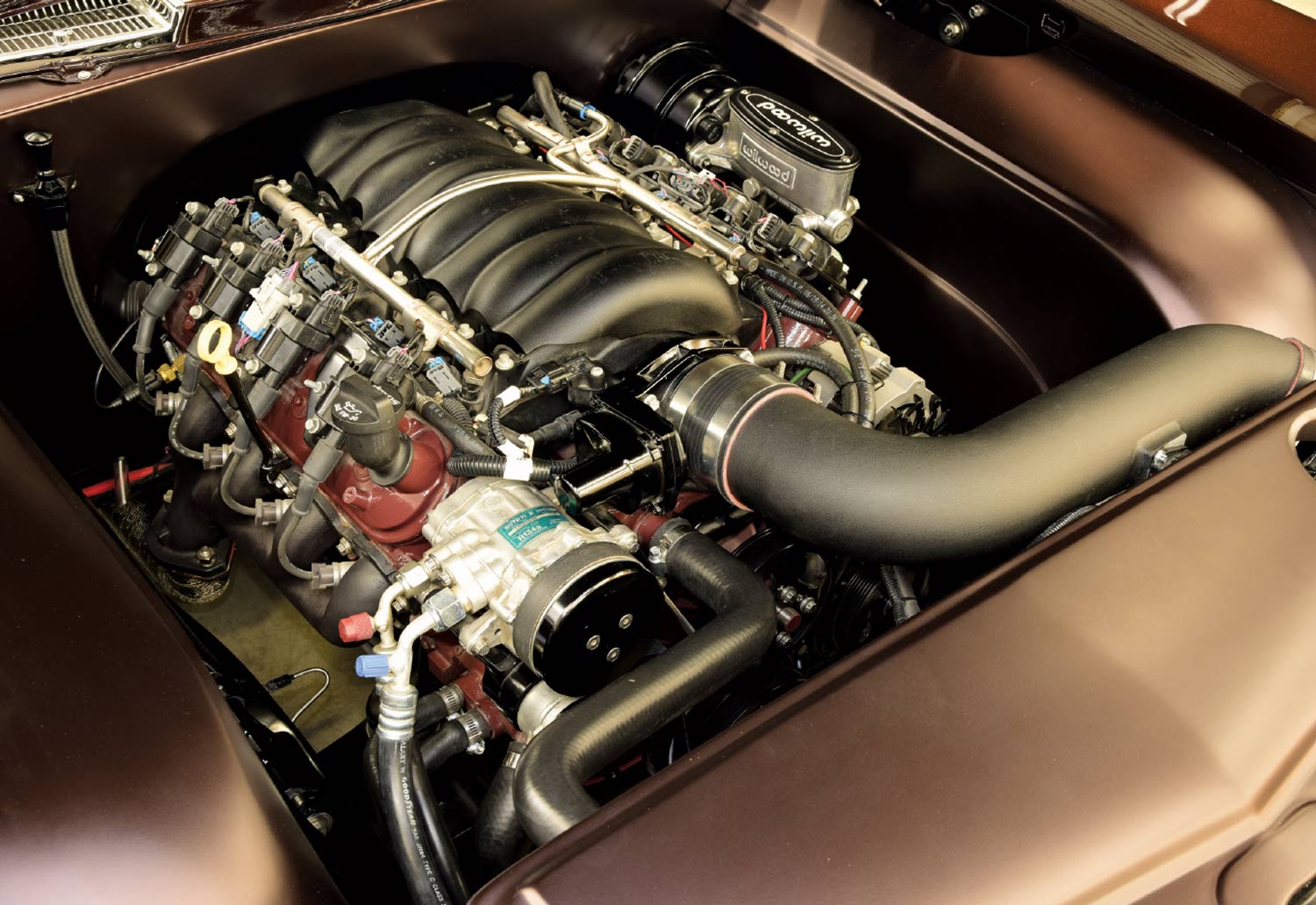 1963 Buick Riviera LS swap engine bay with Wilwood components and custom-fabricated panels