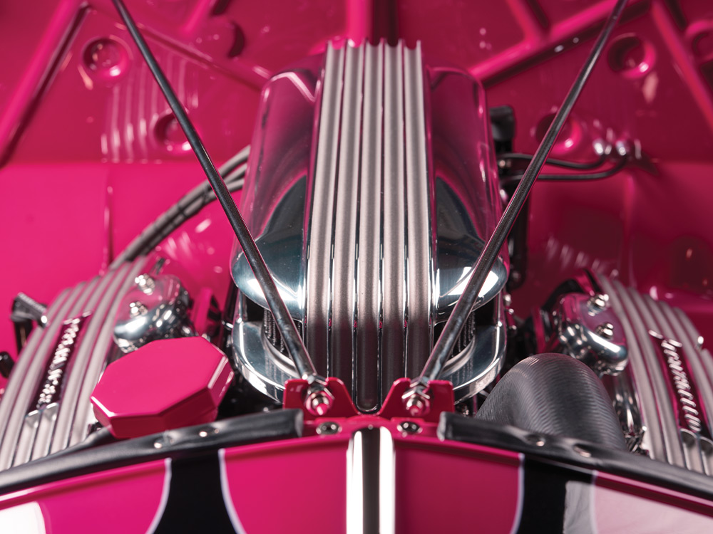 the aluminum air cleaner shaped like the Offenhauser rocker covers on the small-block Chevy