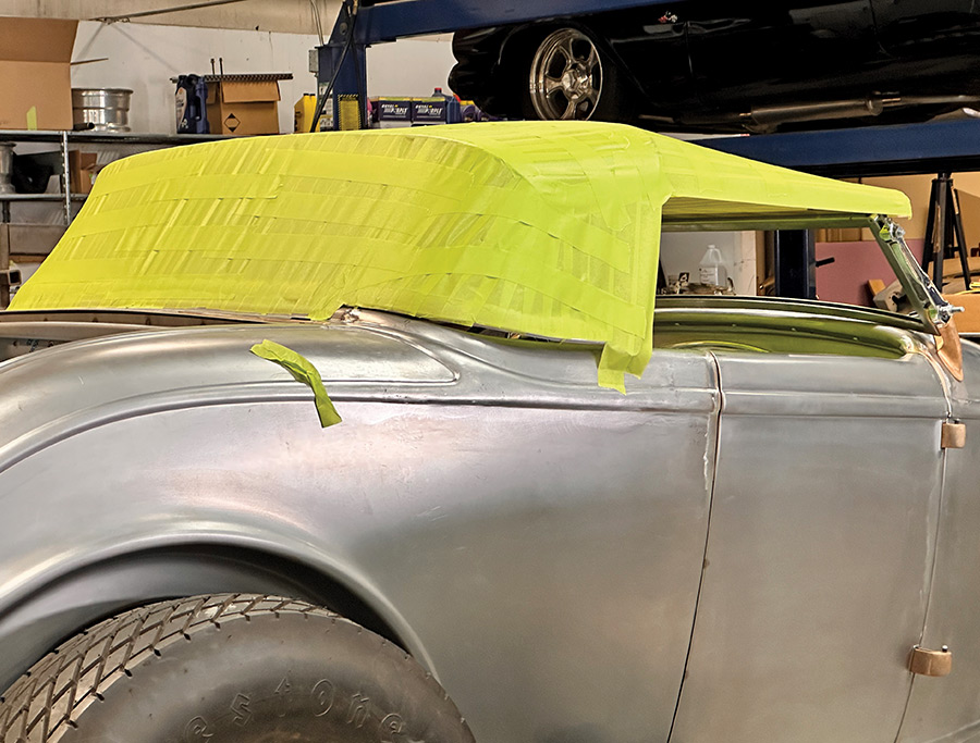 1932 Ford Roadster with chopped windshield and green tape mock-up for custom convertible top