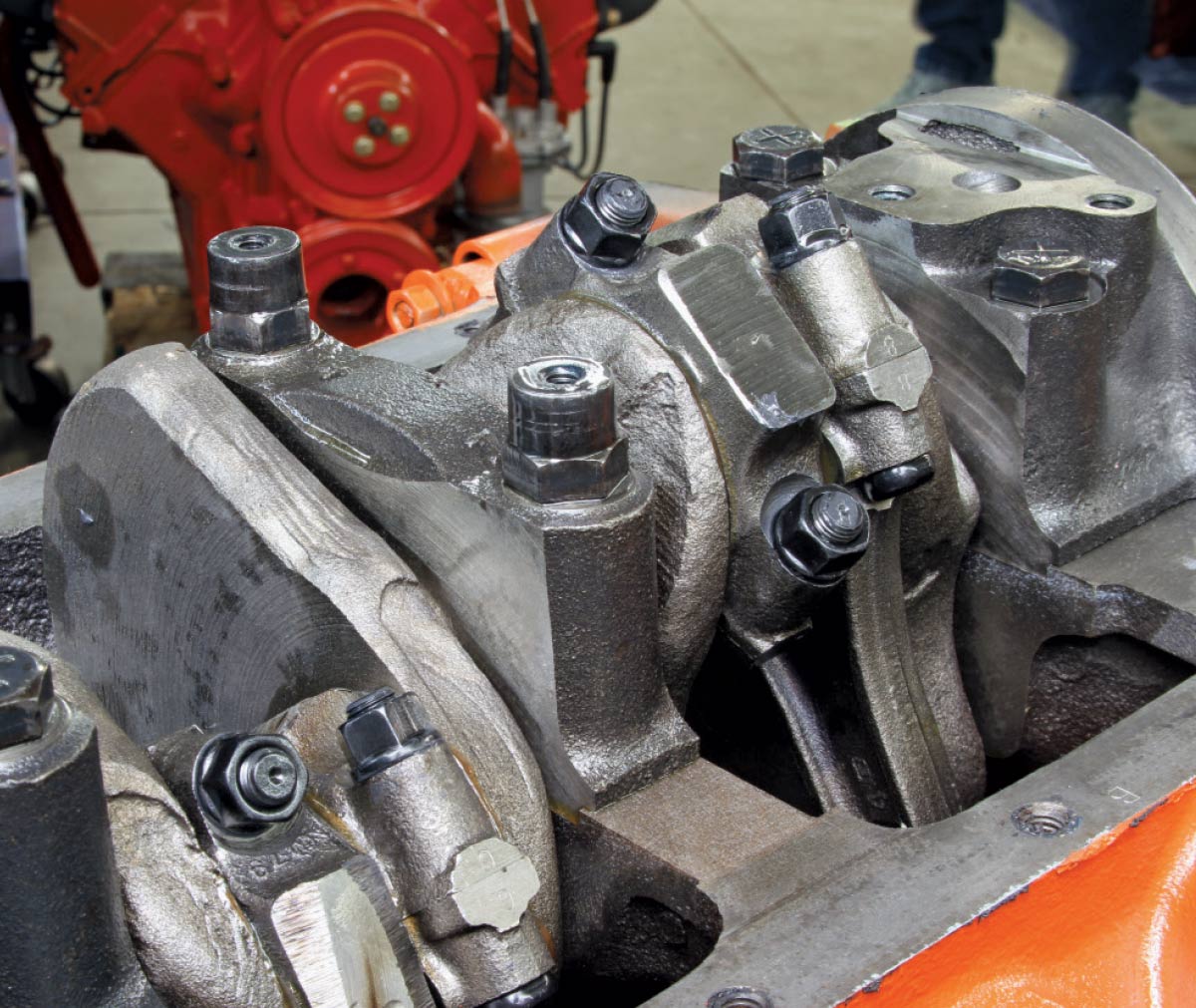 Bottom end view of 340 block showing factory forged crankshaft and main caps