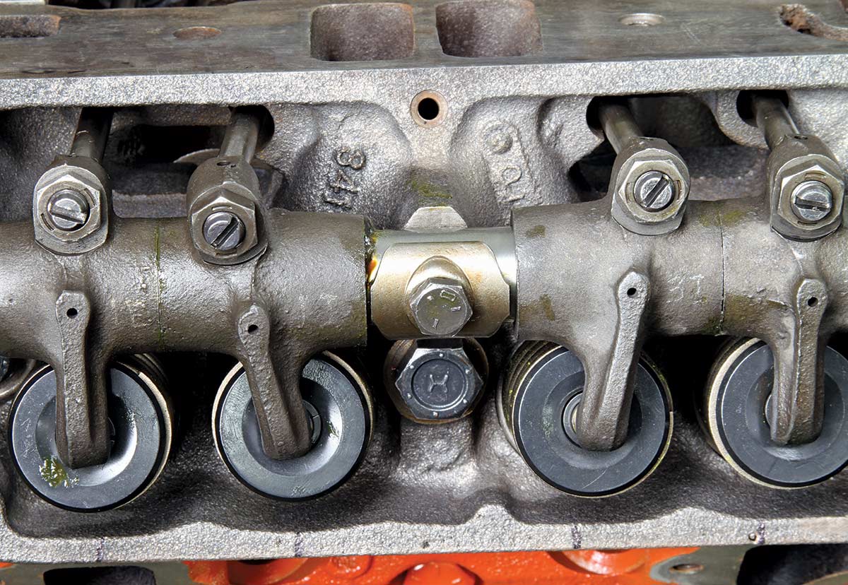 Factory shaft-mounted rocker assembly on Mopar 340 with stamped rockers