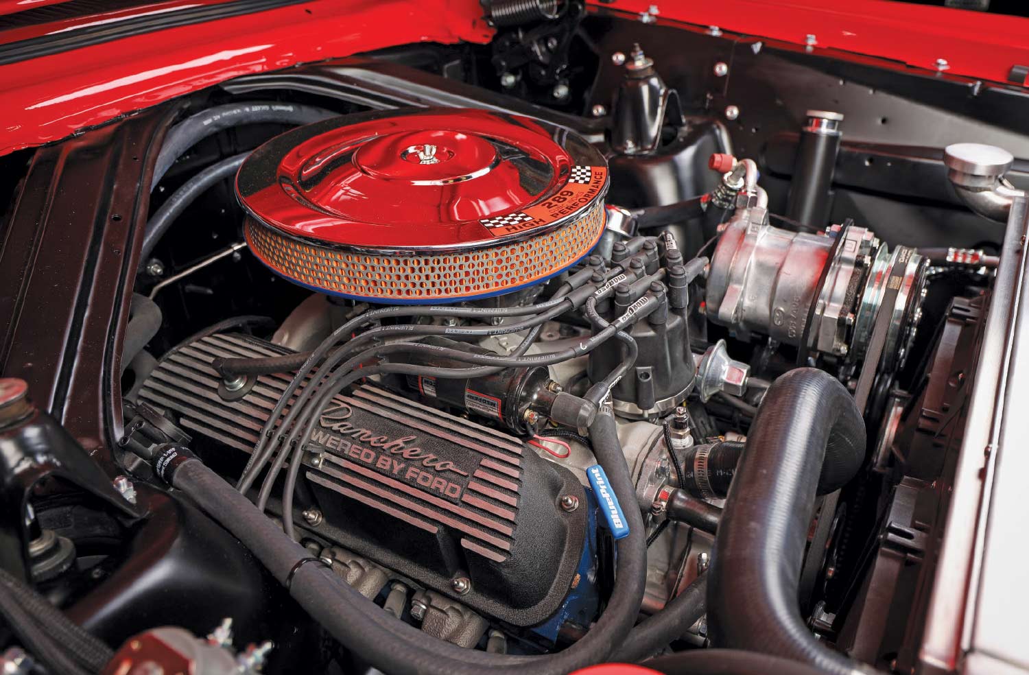 1965 Ranchero 289 engine bay chrome air cleaner powered by Ford valve covers