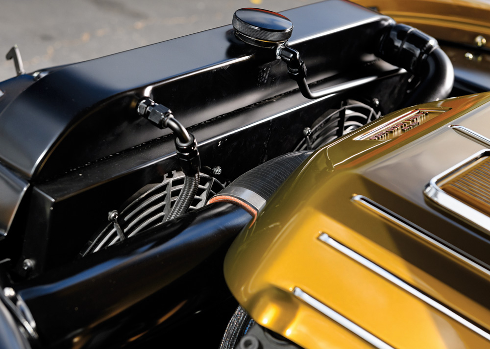 1951 Mercury Custom engine bay with dual electric fans and braided coolant lines