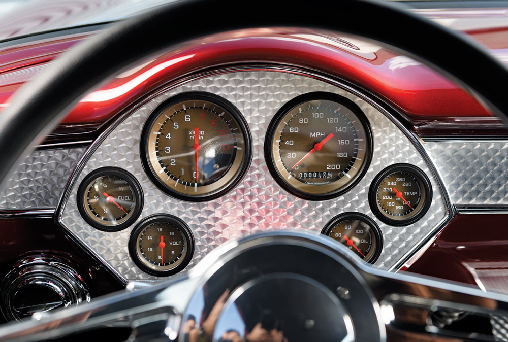 1955 Chevy Custom Gauge and steering wheel red dash custom interior