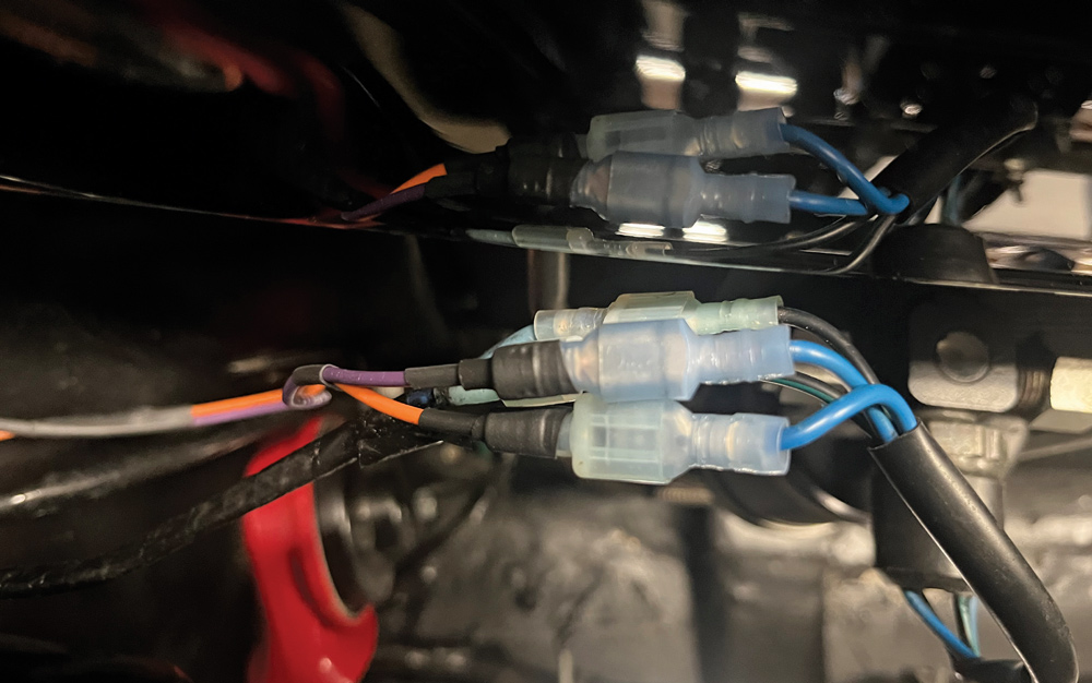 Orange purple wires joined with blue output leads using sealed crimp terminals