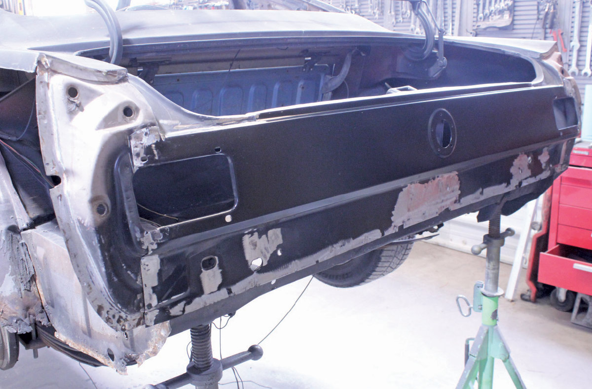 smoothing welds and filler on new 1965 mustang tail panel