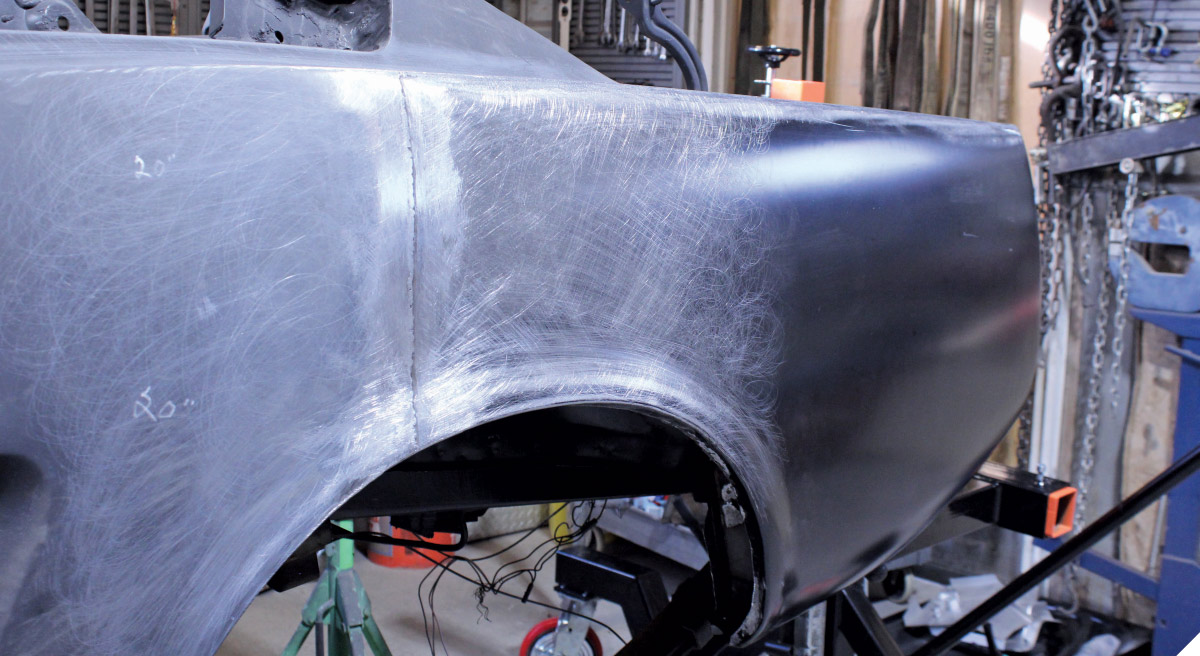 da sanding and surface blending on 1965 mustang quarter panel