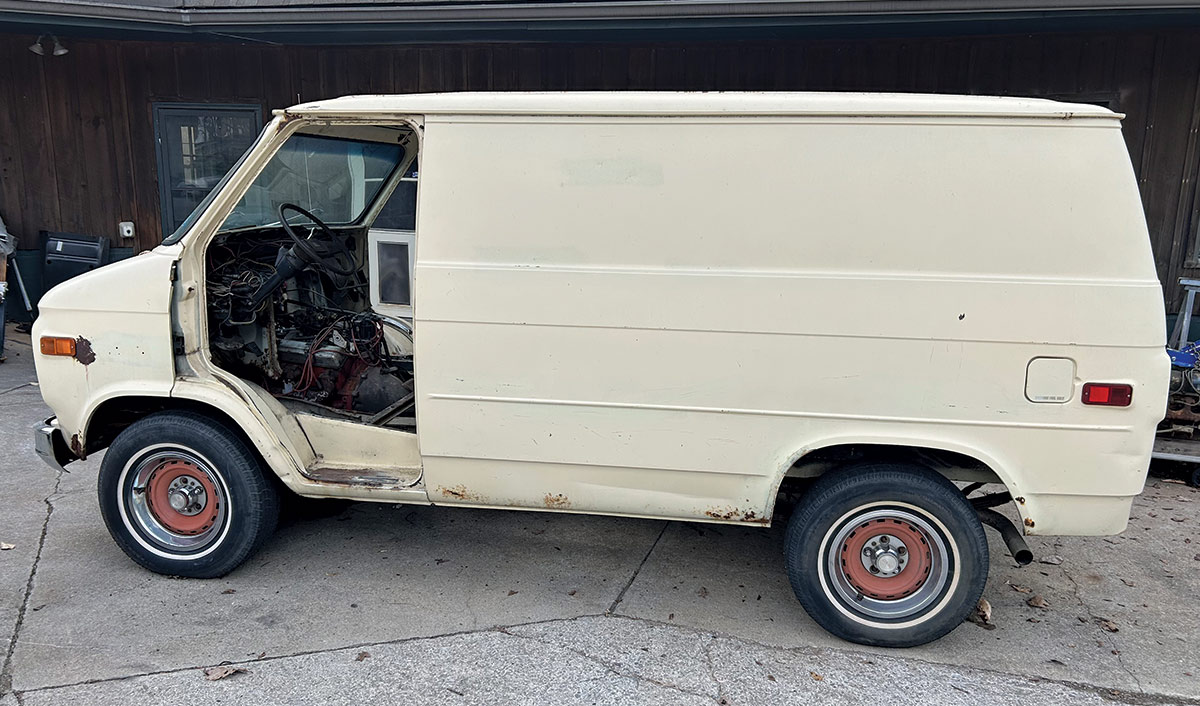 side view of a white 1979 Chevy van