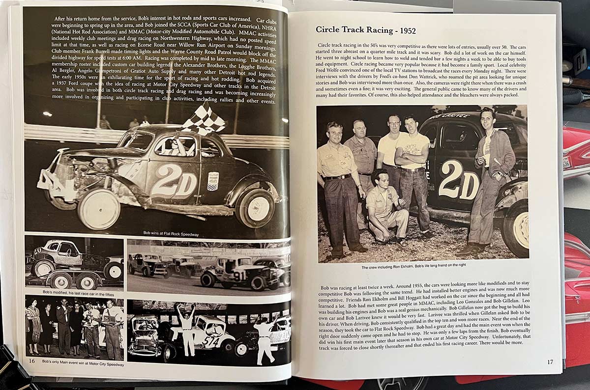 two-page spread inside Mister Showman book showing pictures after Bob Larivee's win at Flat Rock Speedway