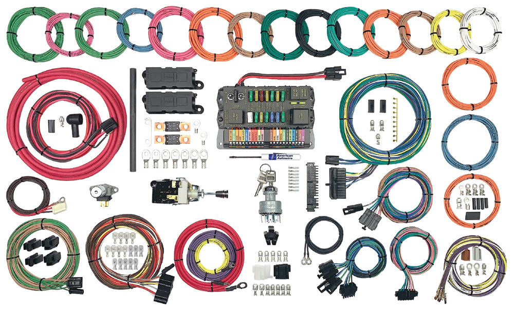 American Autowire Classic Update wiring harness kit with labeled circuits, terminals, and accessories