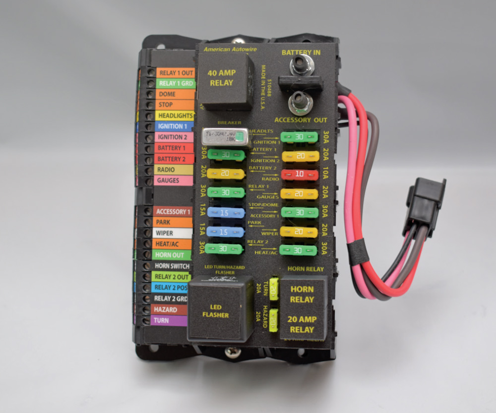 Close-up of American Autowire fuse panel featuring relays and labeled color-coded fuses