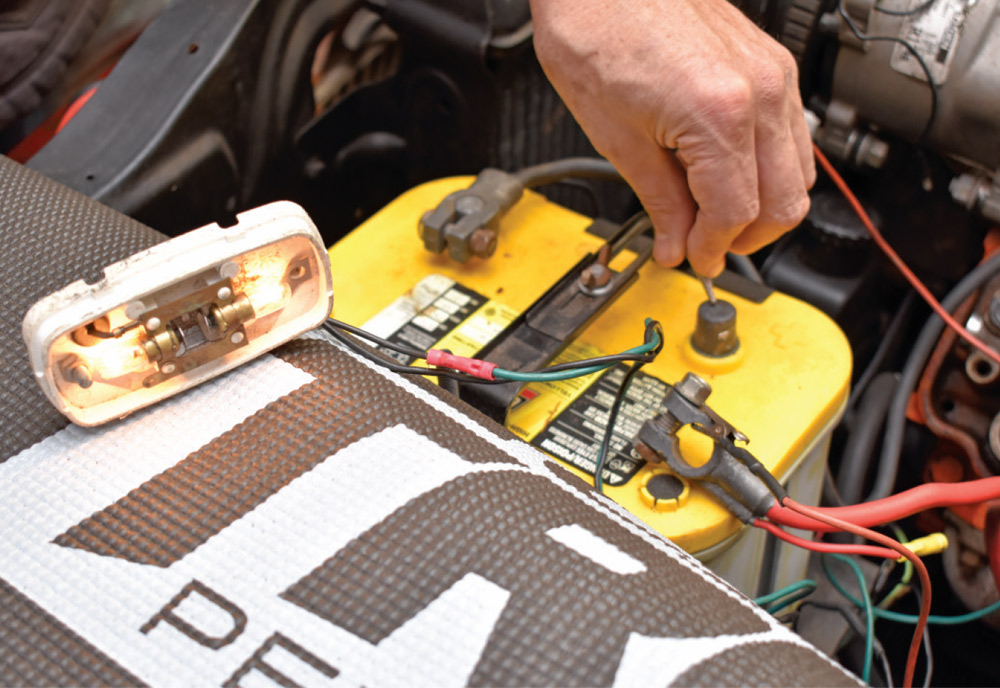 Homemade test light in use on Optima YellowTop battery for circuit diagnostics