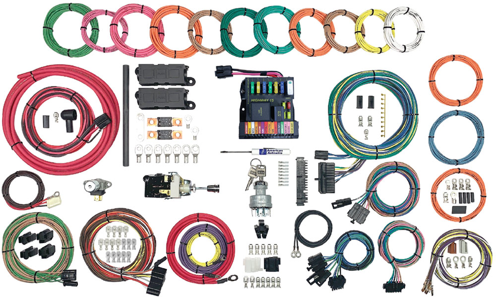 American Autowire Highway 15 series wiring kit with labeled fuse panel and color-coded wiring