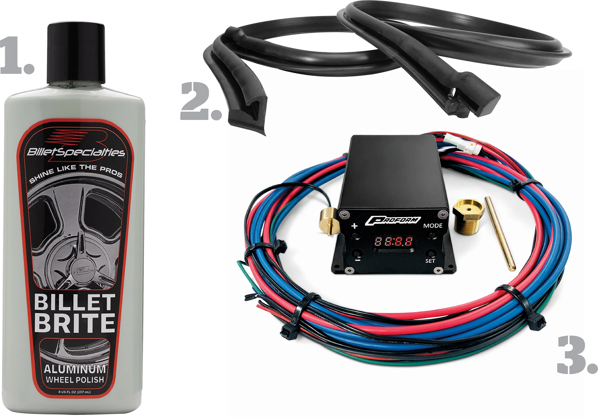 Three automotive products: a wheel polish bottle, a rubber seal, and an electronic unit with wires.