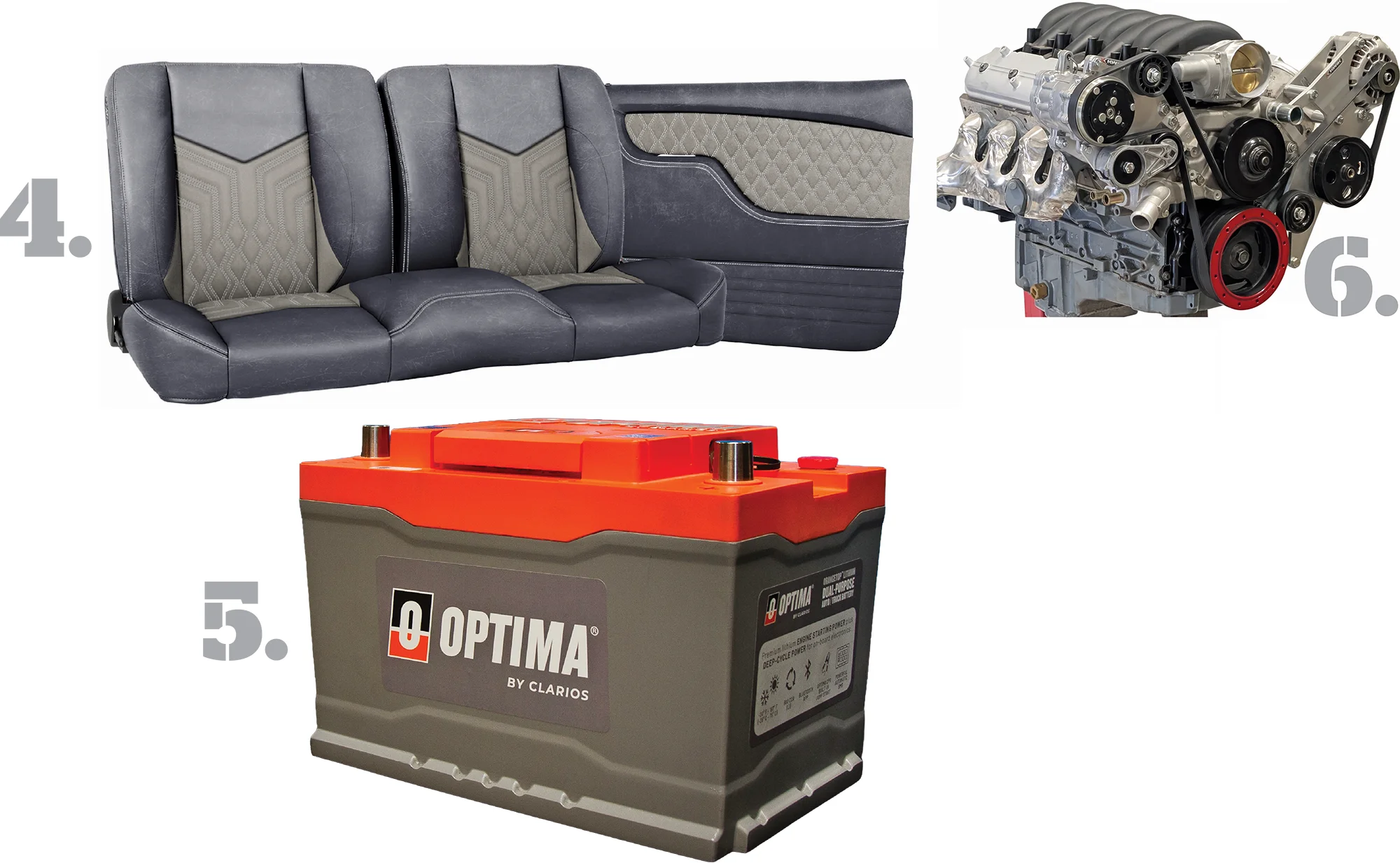 Car seat and door panel, Optima battery, and car engine.