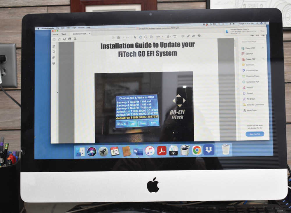 Installation guide on screen for updating FiTech Go EFI firmware using included software