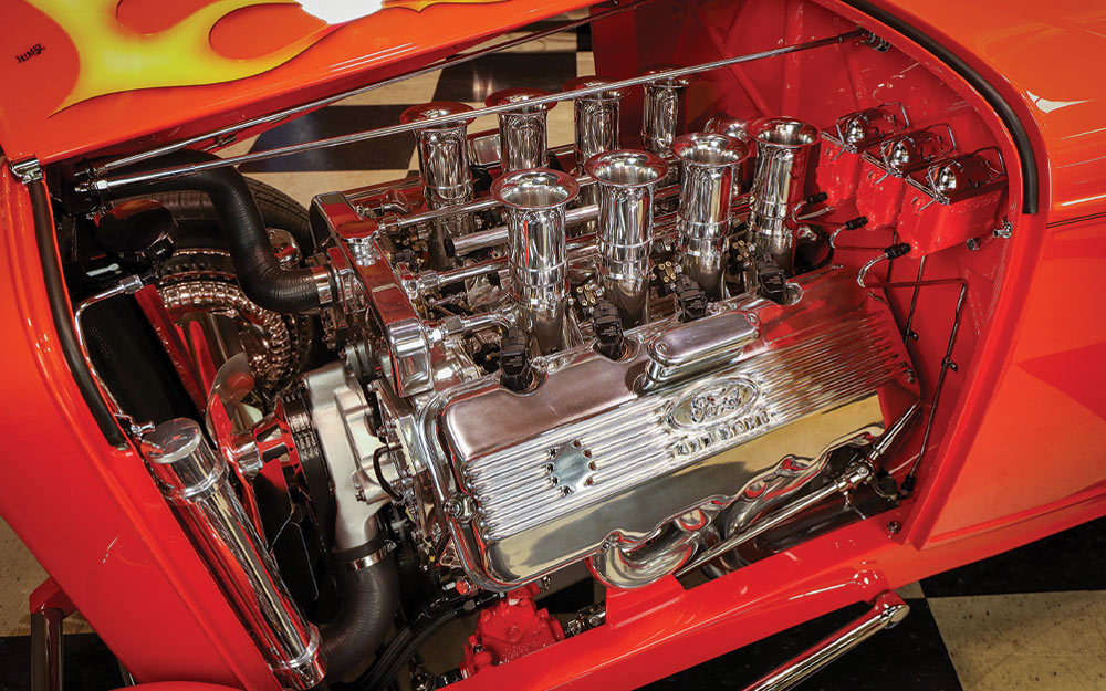 1932 Ford Roadster engine bay Ford Racing valve covers polished stacks
