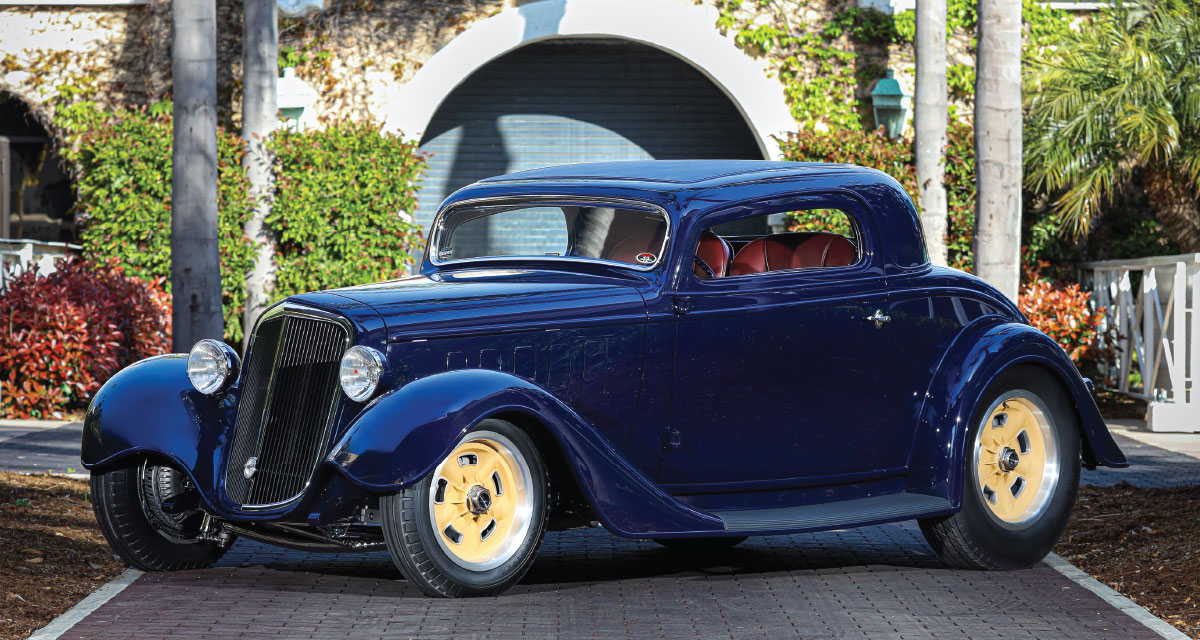 front view of Greg Heinrich’s 1935 Chevy blue coupe