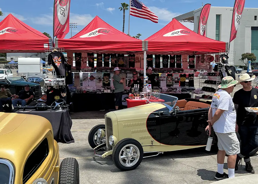1932 Ford highboy roadster tan and black at So-Cal Speed Shop booth