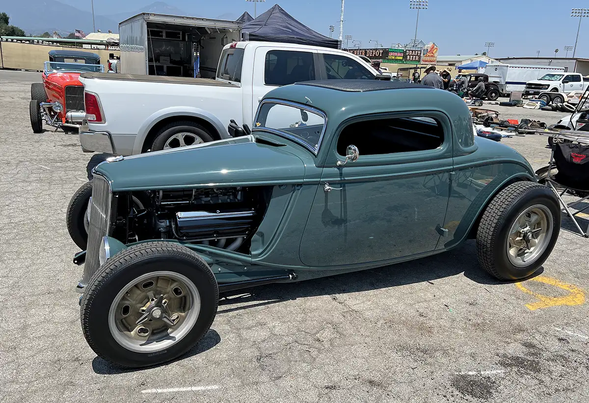 1933 Ford five-window coupe in teal with Halibrand wheels and roof insert